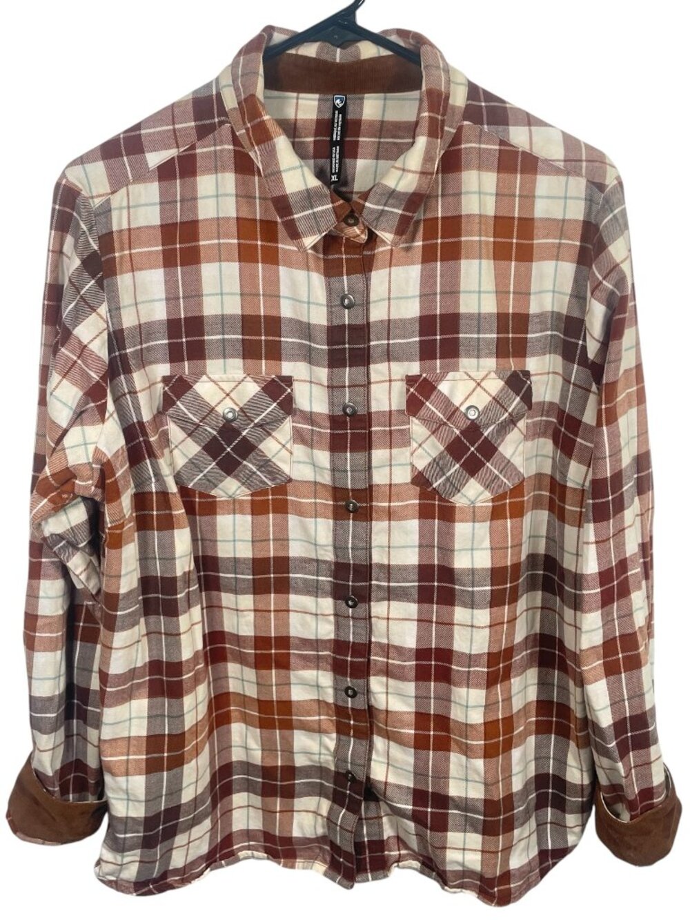 Kuhl Tess Plaid Flannel Womens XL Flip Cuffs Snap Plaid Corduroy Brown 8457